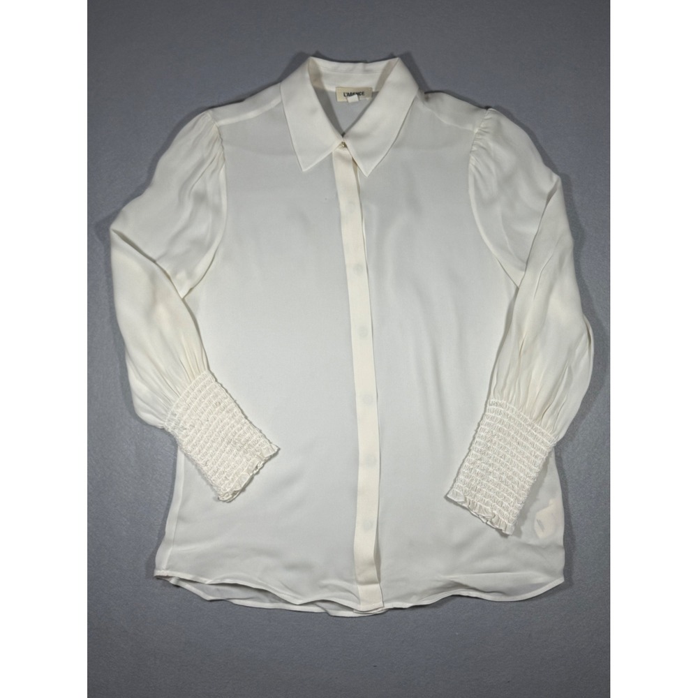 L'AGENCE Ivory 100% Silk Smocked Cuff Button Down Blouse Size Medium Ivory White